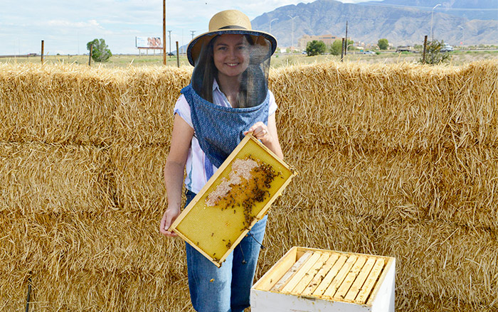 Una apicultora sostiene un panal sacado de una colmena.