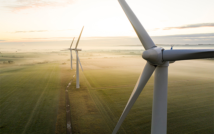 A row of wind turbines generate electrical power.